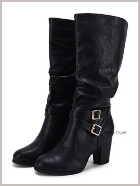 Ermonn Women's Mid Calf Boots Chunky Heel Faux Leather Slouchy